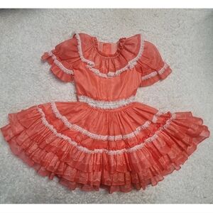 Vintage Girls Ruffle Party Dress Size 5 Orange Full Circle Lace Three Tiers